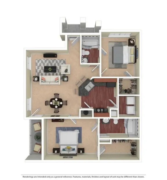 two bed two bath 1,099 square foot floor plan