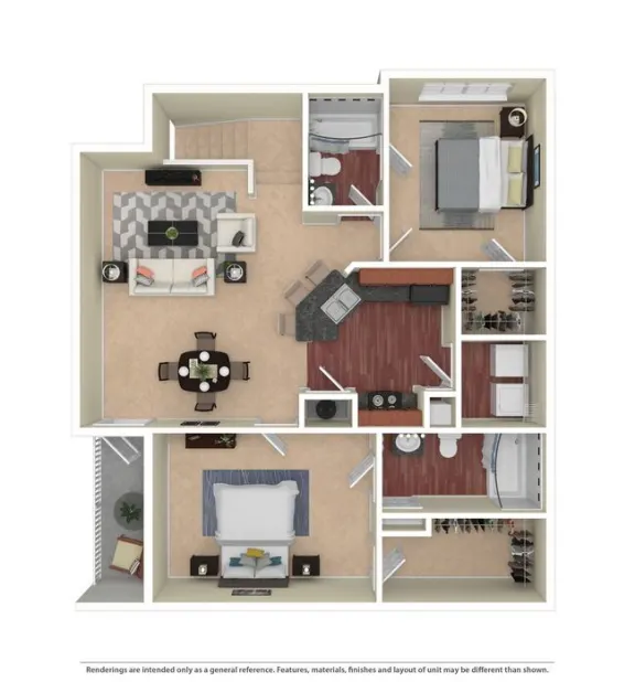two bed two bath 1,165 square foot floor plan with attached garage
