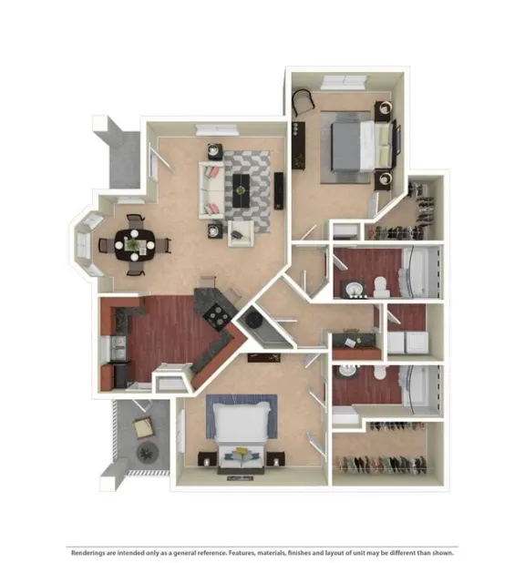 two bed two bath 1,325 square foot floor plan with attached garage