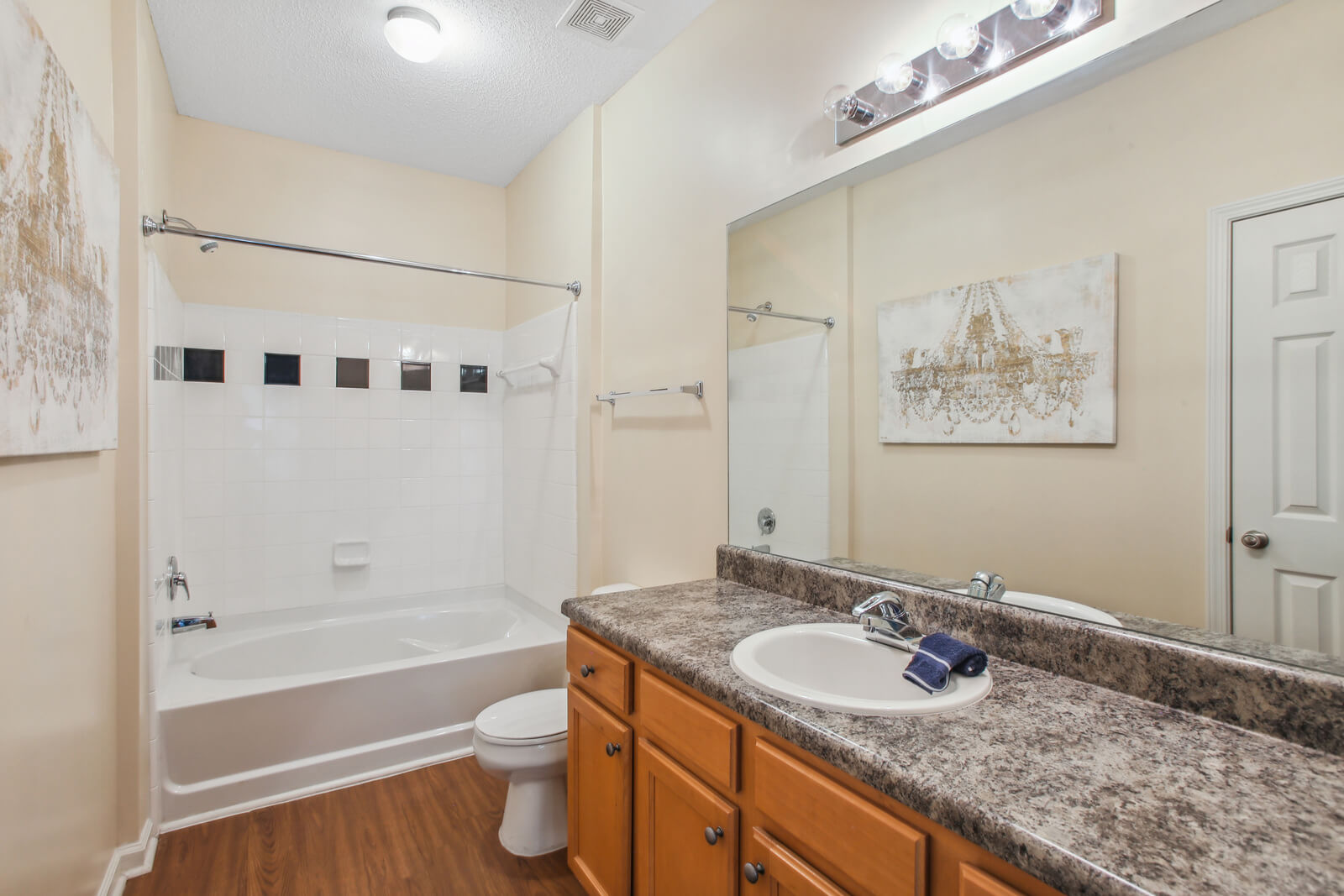 model bathroom with ample lighting and tiled shower