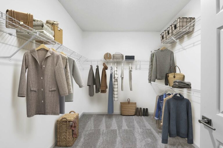 large walk-in closet with white-wire shelving