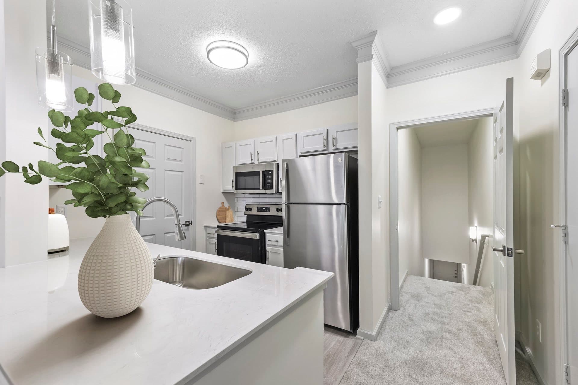 carpeted apartment entry way leading to kitchen