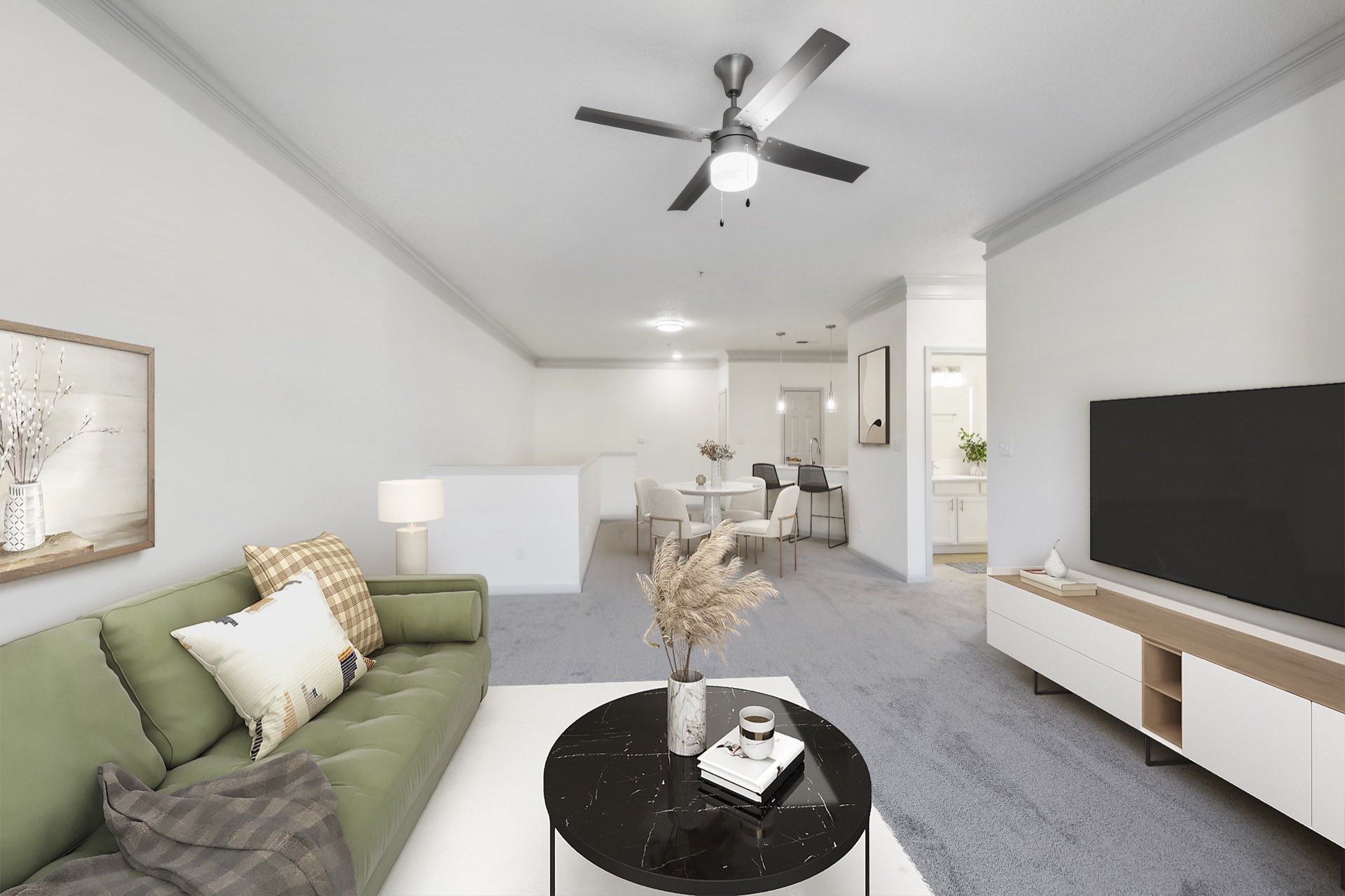 carpeted living room with modern furniture and ceiling fan and dining room in background